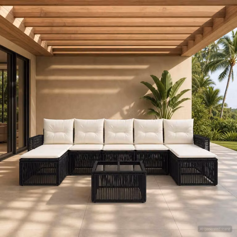 Maison Exclusive - Set da giardino composto da 8 pezzi. Divano da giardino in rattan sintetico, colore nero e crema