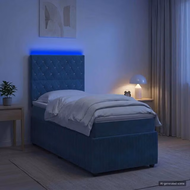 Letto Box Spring vidaXL in Velluto Blu con Materasso Ibrido e Illuminazione LED, L/P: 90 x 190 cm – 1