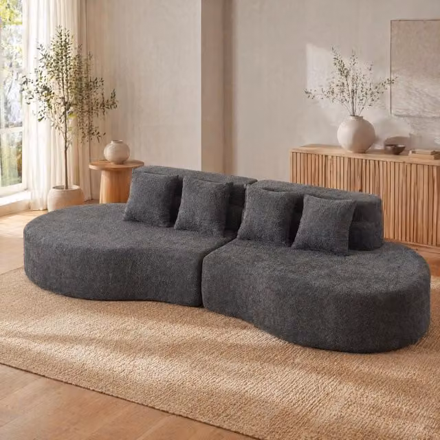 Divano modulare in ciniglia con schienale a strati e design arrotondato, componibile in due pezzi per interni moderni grigio