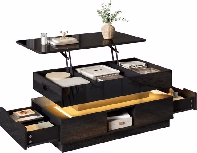 Tavolino da salotto moderno REDOM nero lucido con meccanismo regolabile in altezza L: 90 cm, P: 48 cm, H: 42,5 cm