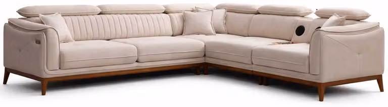Divano ad angolo a L, beige, moderno, di design, elegante, comodo, in tessuto, modulare