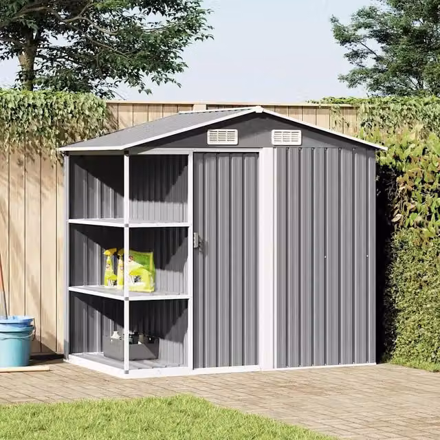 Capanno da giardino Videx con scaffali e porte scorrevoli in acciaio zincato e plastica, colore grigio, L 205 cm x P 130 cm x H 183 cm