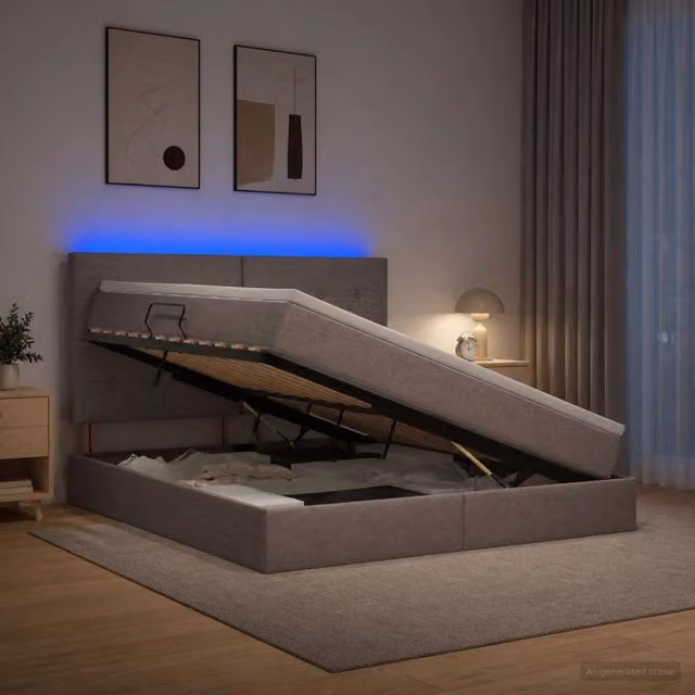 Letto con contenitore e materasso vidaXL in tessuto beige e grigio con illuminazione LED e porte USB L/P/H: 160 x 200 x 128 cm – 1