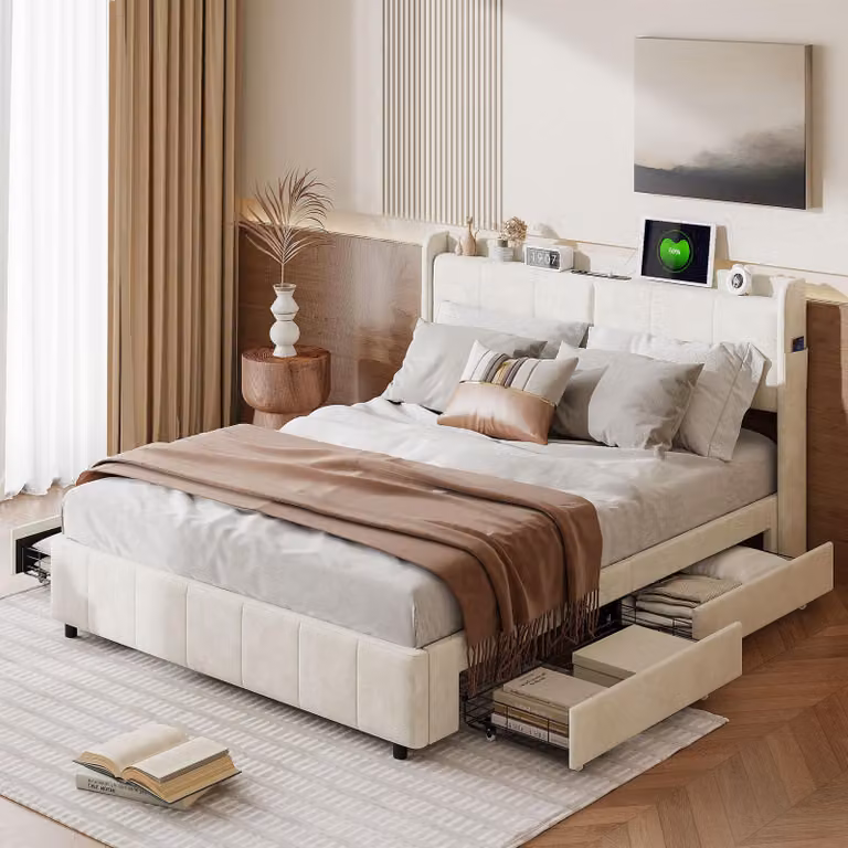 Letto imbottito CDGlobal 160x200 con USB e prese, letto contenitore con rete a doghe, letto matrimoniale con 4 cassetti, letto classico per ragazzi, PU, bianco
