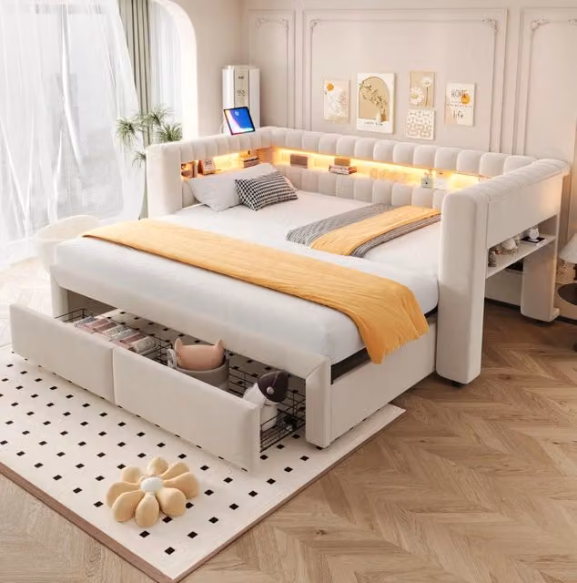 Divano letto 90x190 cm beige in velluto, estraibile con 2 cassetti