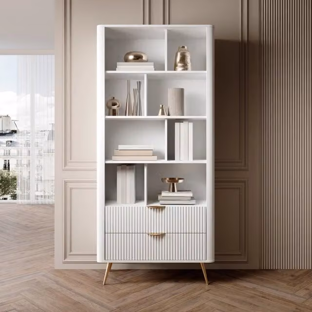 Libreria Kabavasi DMORA con 2 Cassetti, Colore Bianco e Oro, L 88 cm x P 38 cm x H 194 cm