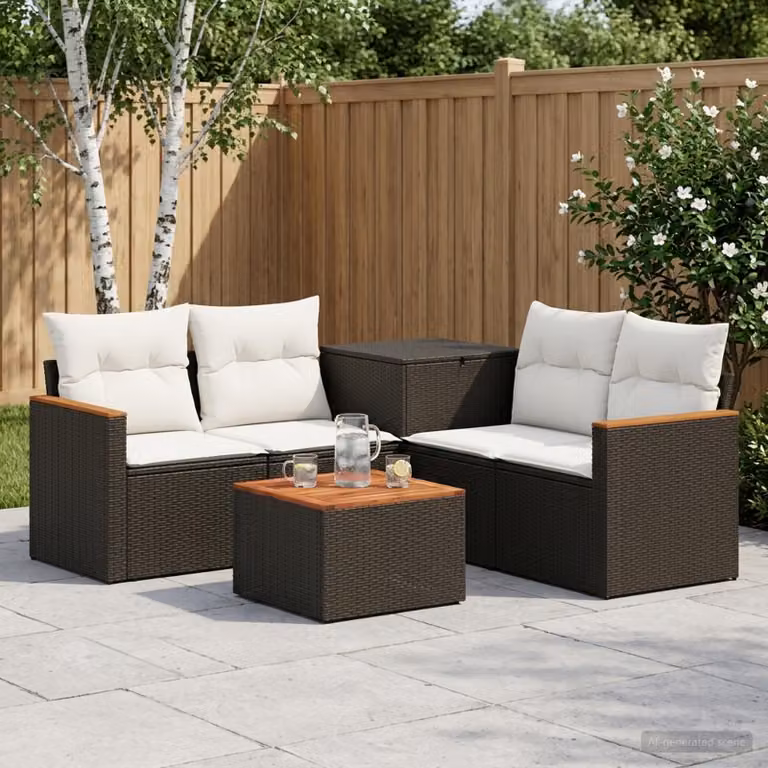 Set di divani da giardino vidaXL in polyrattan nero e bianco con cuscini e tavolino da caffè