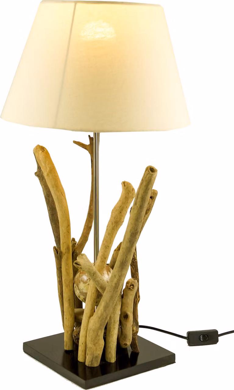 Lampada da tavolo / lampada da tavolo, pezzo unico realizzato a mano a Bali con materiali naturali, legno galleggiante, cotone - modello Bromea, bianco, 65*35*35 cm, lampade da tavolo in materiali naturali