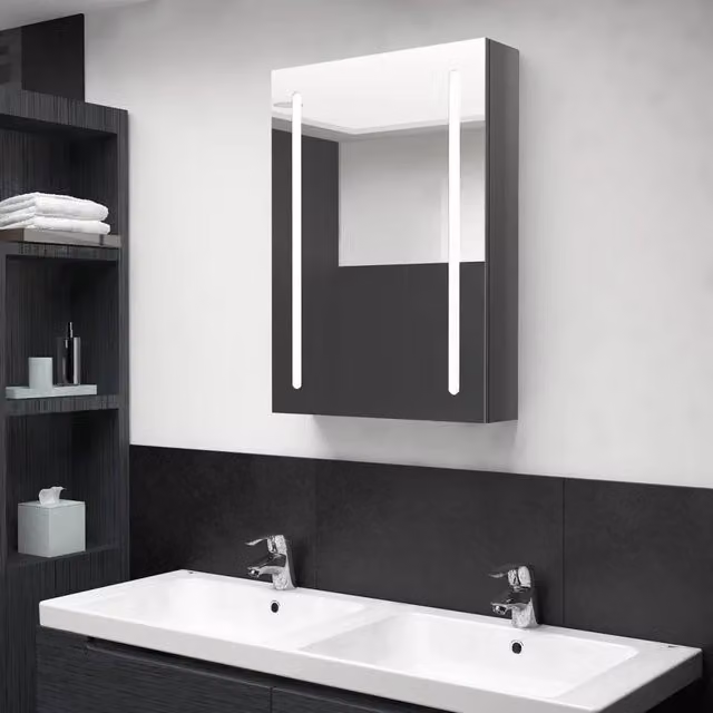 Armadietto da bagno Design Mania con specchio e illuminazione LED, Grigio Lucido, L: 50 cm, P: 13 cm, H: 70 cm – 1