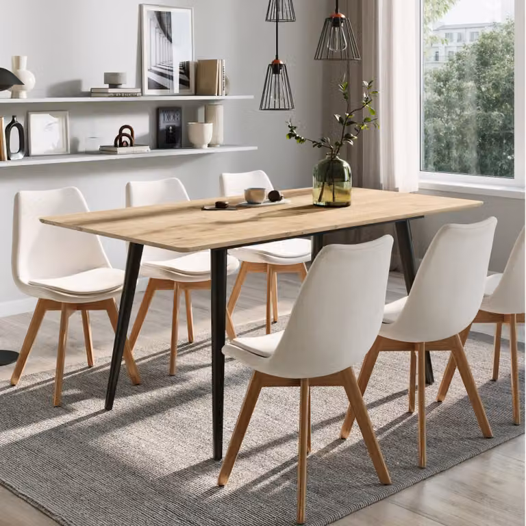 Tavolo da pranzo allungabile – Tavolo moderno con struttura in metallo per 4-6 persone, effetto legno con gambe in metallo, 120-160×80×75 cm (LxPxH), rovere chiaro