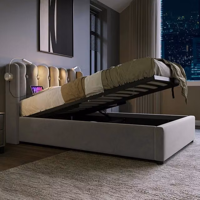 Lit semplice imbottito con testiera - Xylo - 90x200 cm - Grigio - Spazio di archiviazione