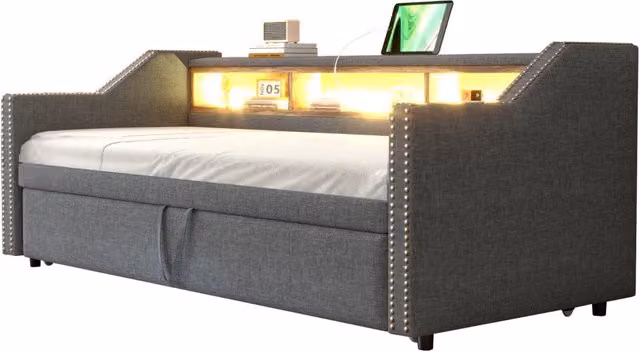 Divano letto estensibile 90/180x190 cm in lino grigio scuro， LED USB e 2 materassi a molle， senza materasso