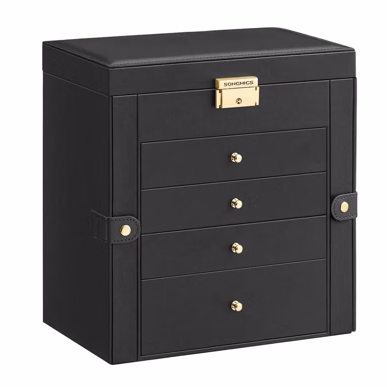 Scatola Portagioie con Cassetti Specchio Interno Chiusura a Chiave, Nero / 26 x 15 x 28 cm (P x l x H)