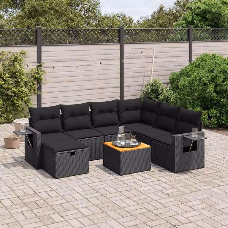Set di divani da giardino vidaXL a forma di L con 8 pezzi e cuscini neri in polyrattan e acciaio verniciato a polvere
