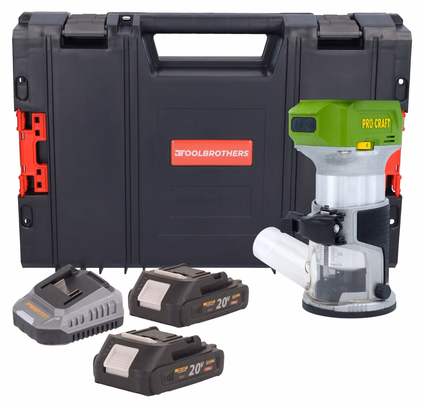 Fresatrice multifunzione a batteria Procraft POB24bb 20 V 6 / 8 mm Brushless + 2 batterie da 2,0 Ah + caricabatterie + valigetta RHINO