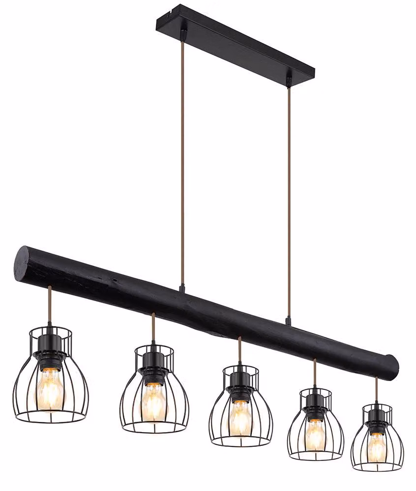 Lampada a sospensione, trave, naturale, griglia, nero opaco, H 140 cm