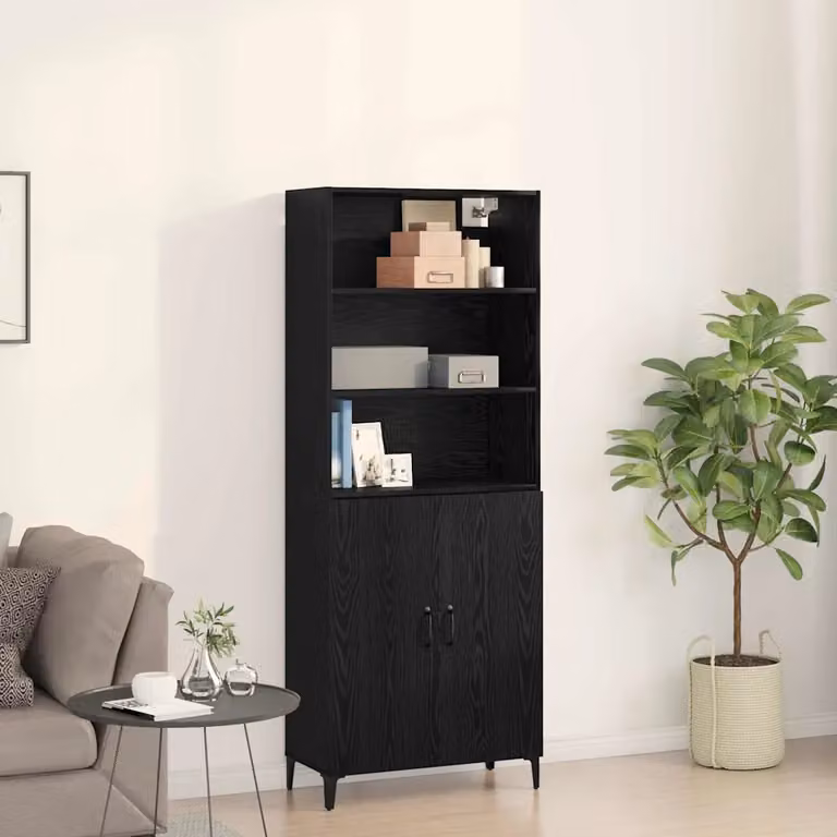 Credenza moderna vidaXL in legno ingegnerizzato e metallo, colore nero, L: 69,5 cm, P: 32,5 cm, H: 180 cm