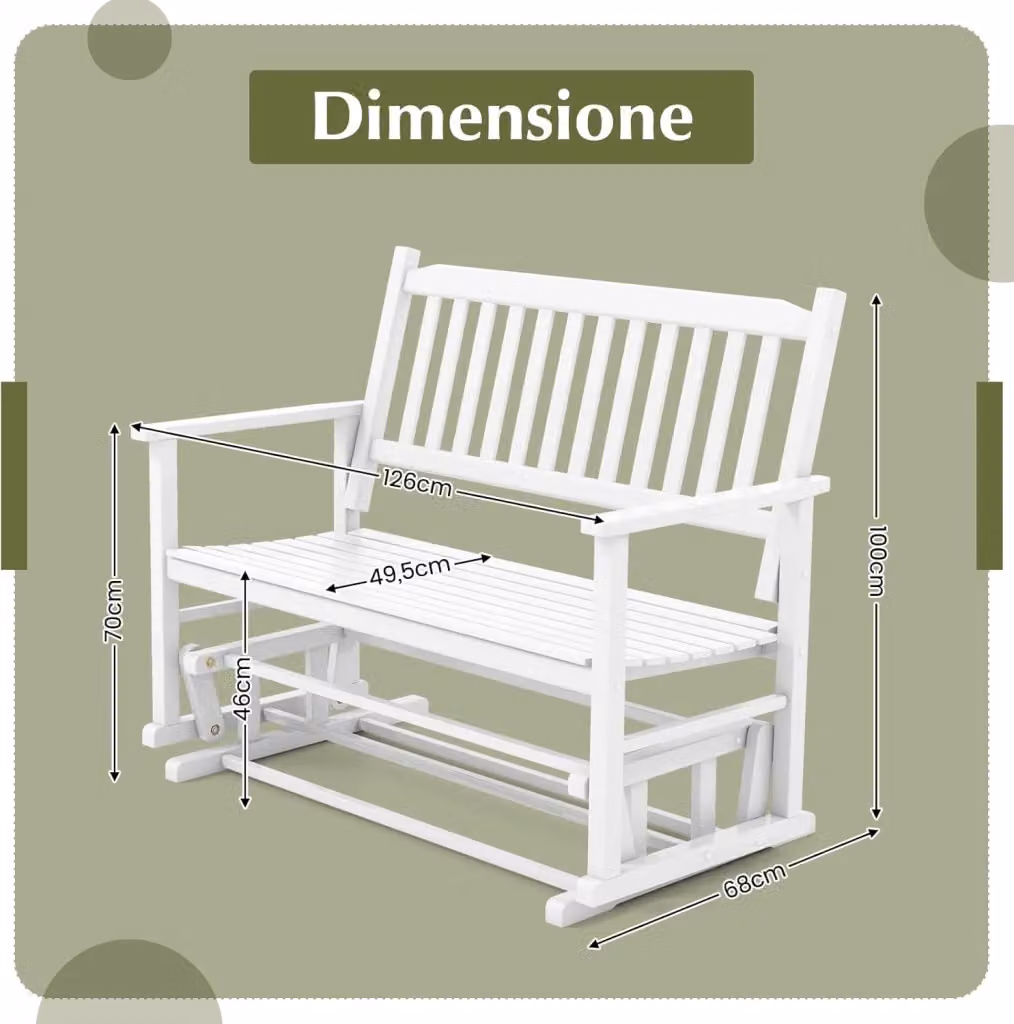 Panca a Dondolo a 2 Posti Costway in Legno Massello Bianco per Giardino e Terrazzo L/P/H: 126 x 68 x 100 cm – 2