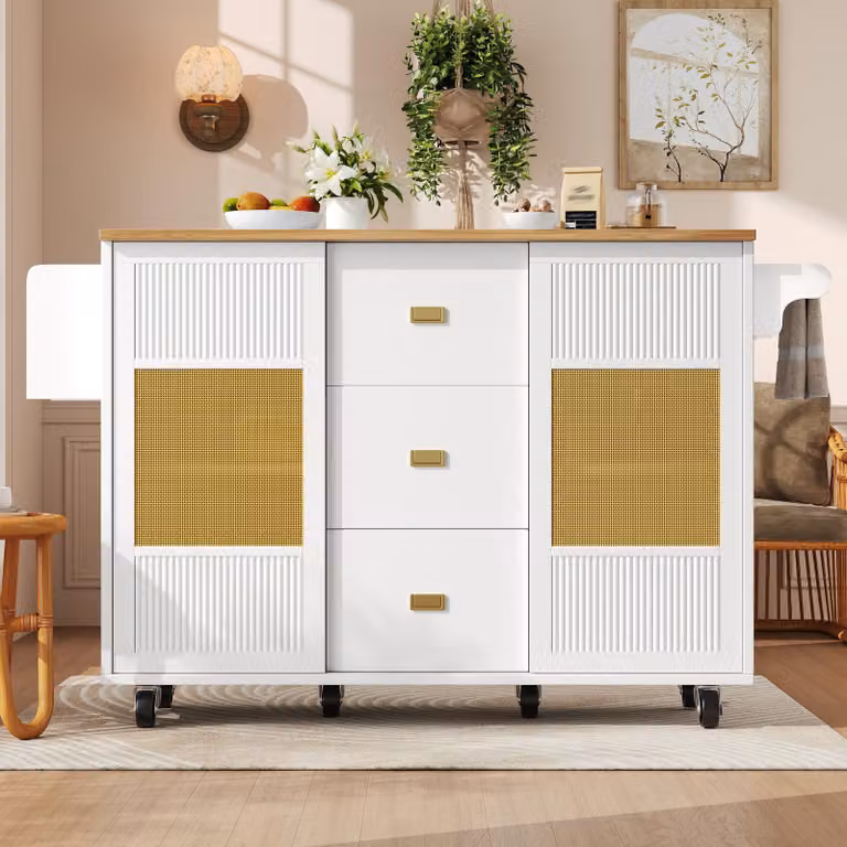 Isola da cucina con ruote e piano ribaltabile, isola da cucina bianca con spazio contenitivo, realizzata in MDF e metallo, dimensioni 146,85 x 70 x 90 cm, con ripiani interni regolabili