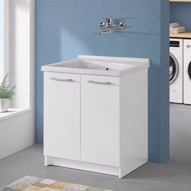 Mobile lavatoio Revine con due ante e vasca in ceramica Dolomite bianca L: 75 cm, P: 61 cm, H: 85 cm
