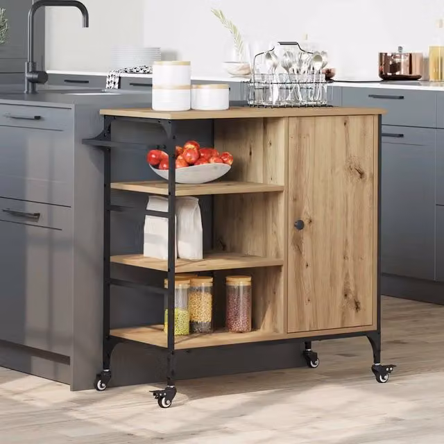 Carrello da cucina moderno vidaXL in legno di rovere marrone con ruote L 87,5 cm x P 39 cm x H 84,5 cm