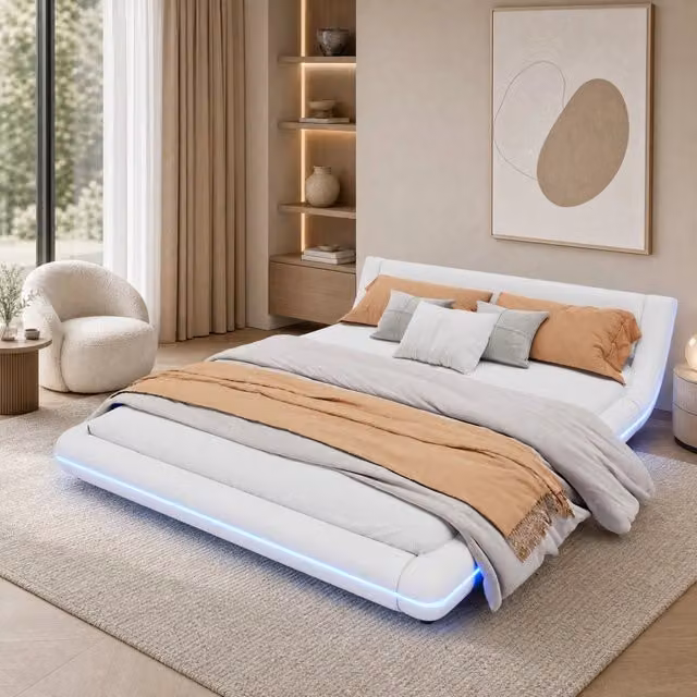 Letto a pavimento 160x200 cm bianco in PU con illuminazione LED a colori, senza materasso