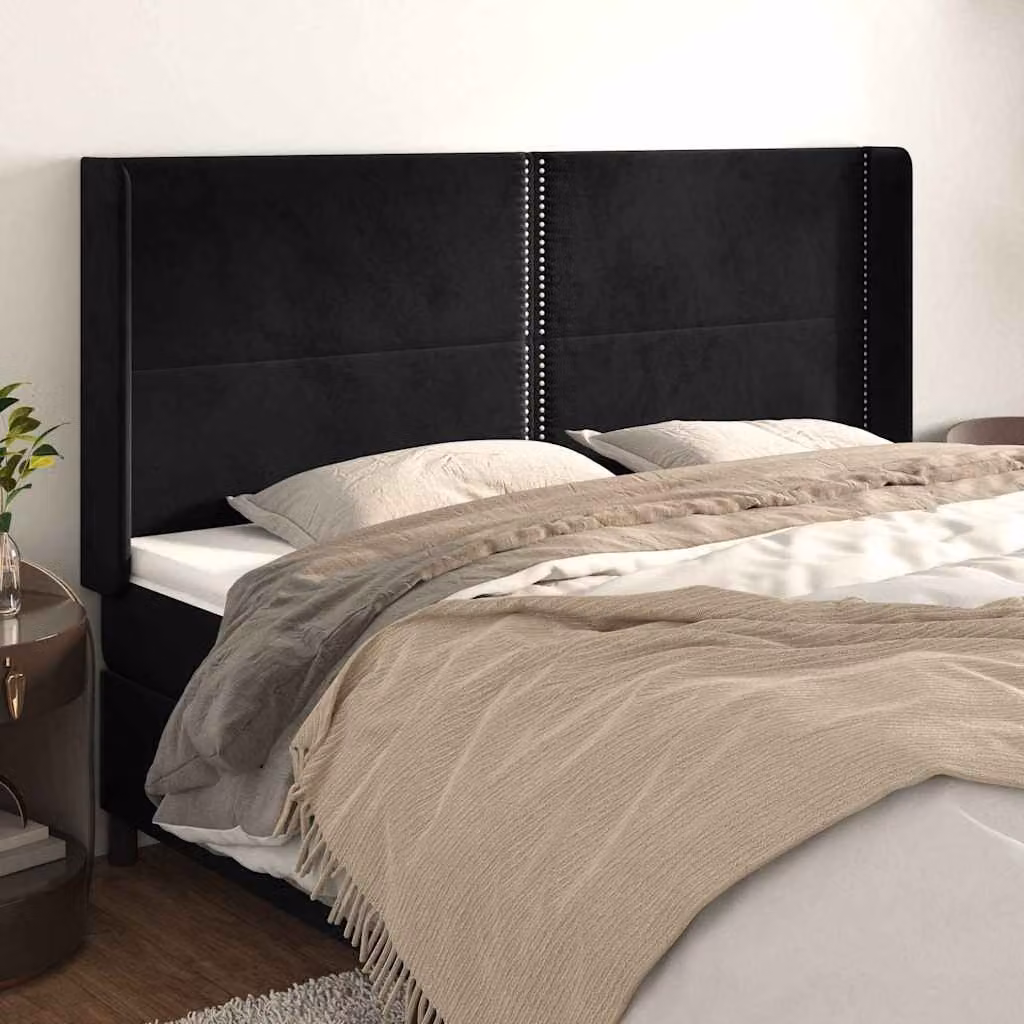 Testiera per letto vidaXL in velluto nero con struttura in legno e pannello imbottito L: 203 cm, P: 16 cm, H: 118/128 cm