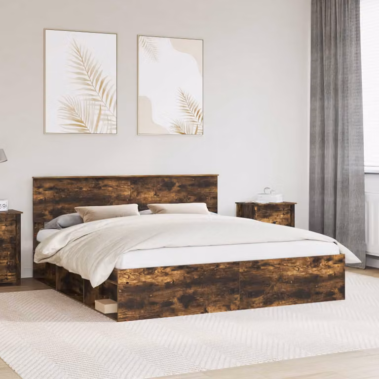 Struttura del letto con testiera vidaXL in legno Rovere fumé, L/P: 200 x 200 cm