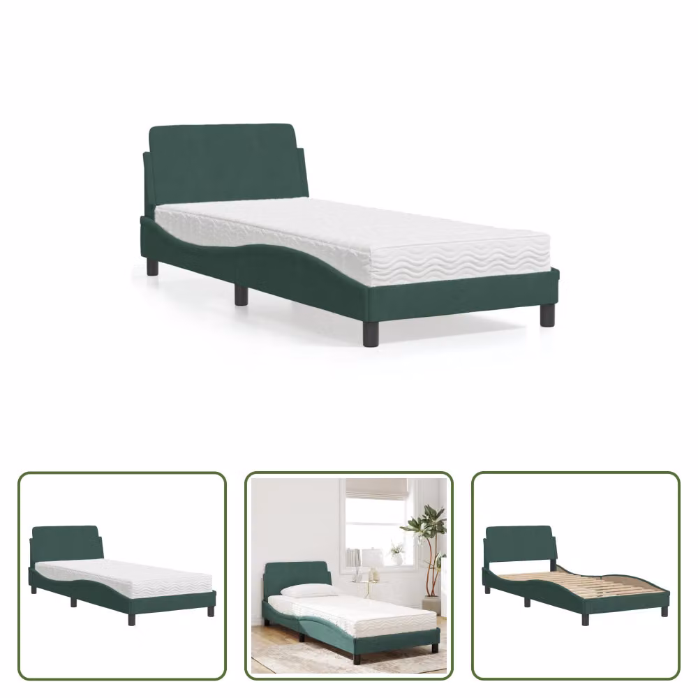 The Living Store Letto con materasso in velluto verde scuro 80x200 cm