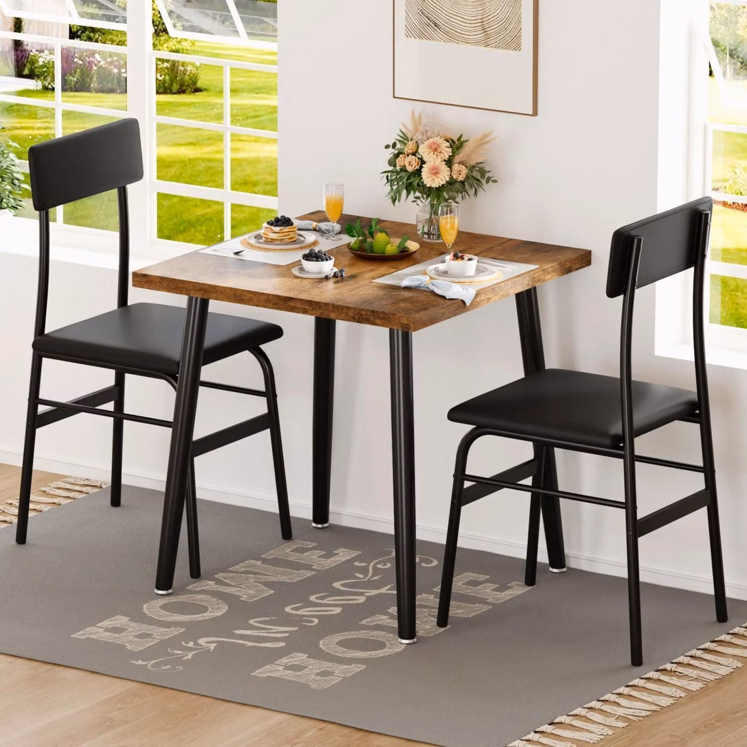 Set da pranzo composto da tavolo e 2 sedie, forma quadrata, struttura in metallo e piano in legno, imbottitura, colore marrone