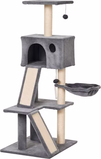 Albero tiragraffi per gatti PawHut con cuccia, amaca e scale in peluche grigio Aosom – 1
