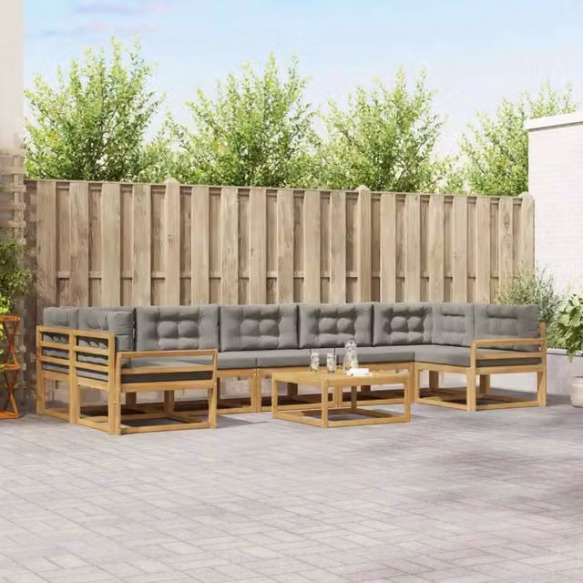Set di divani da esterno a L con tavolino vidaXL in legno di acacia, colore bianco e grigio, composto da 6 pezzi con cuscini inclusi