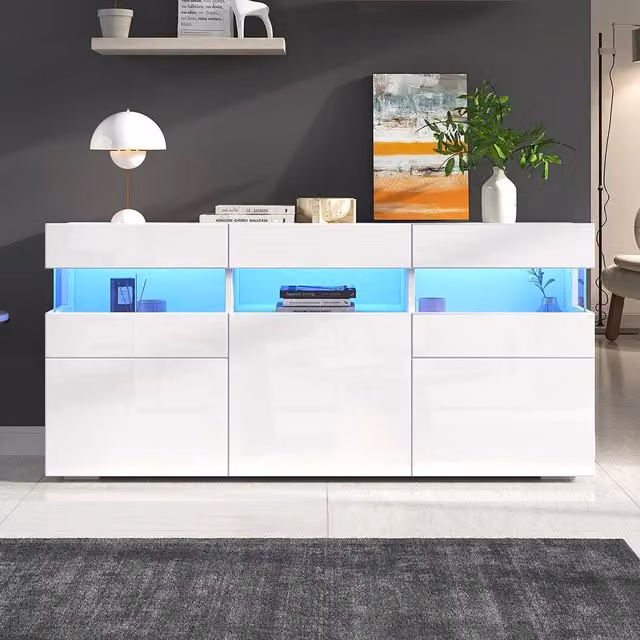 Credenza Soggiorno 140x40.5x66.5cm - Xylo - 3 Ante Lucide con LED, 7 Scomparti, Bianco