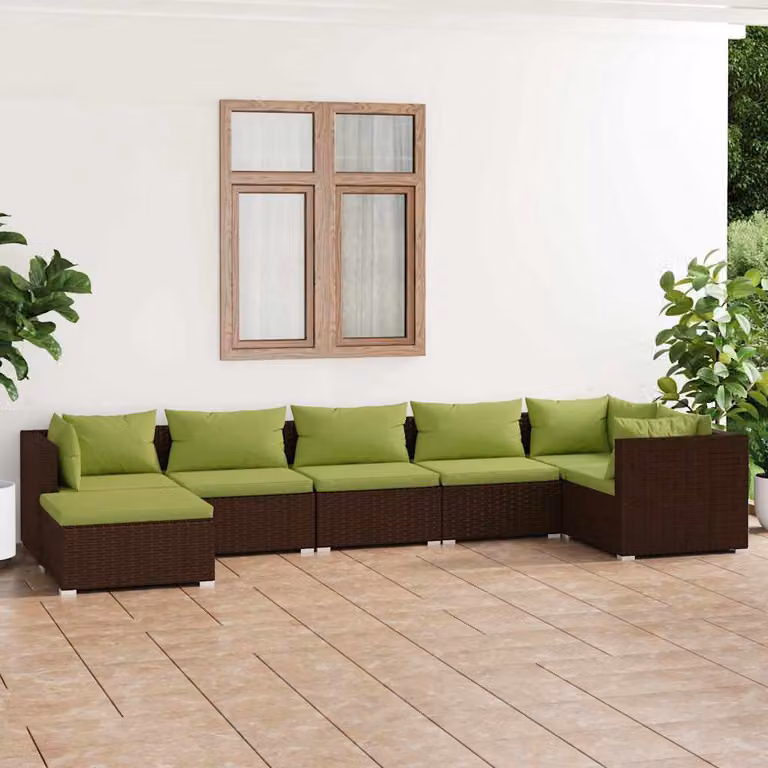 Set di divani da giardino vidaXL 7 pezzi a forma di U in rattan marrone con cuscini verdi e coperture rimovibili