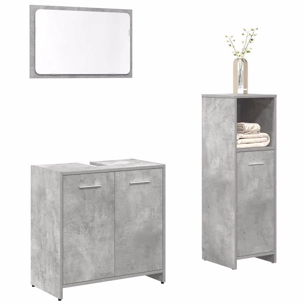 Set di mobili da bagno vidaXL 3 pezzi in legno e vetro grigio cemento con mobile lavabo, armadietto specchio e mobile laterale