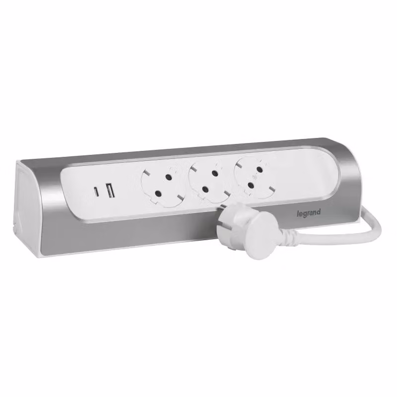Presa angolare Legrand 3x presa di corrente, USB-A, USB-C, cavo da 1 m ultra bianco/alluminio 694502