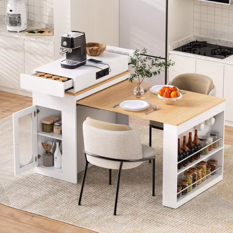 MODFU Isola da cucina, tavolo da bar con prese multiple e ganci, tavolo da pranzo, credenza con cassetti e spazio aperto, cucina e sala da pranzo, bianco