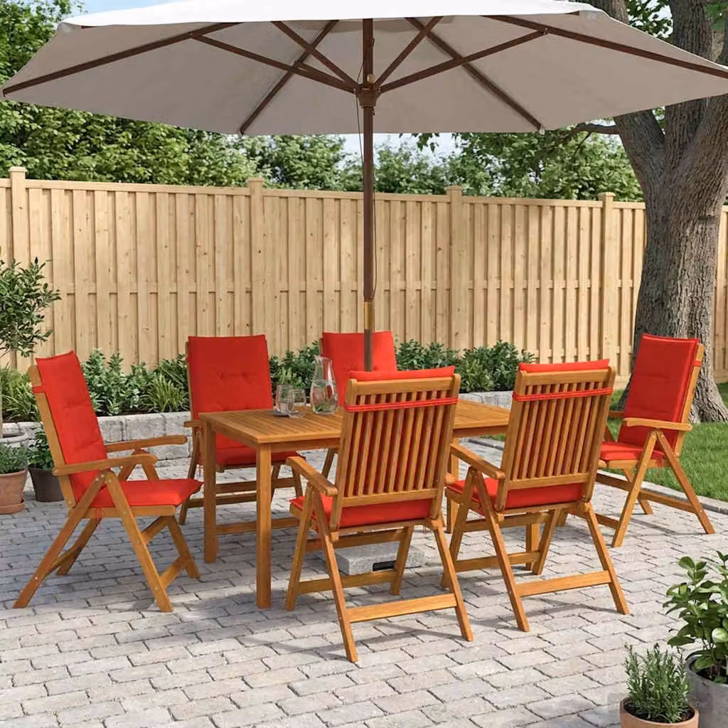 Set da pranzo da giardino vidaXL in legno di acacia naturale composto da 7 pezzi con tavolo rettangolare e sedie con cuscini marroni