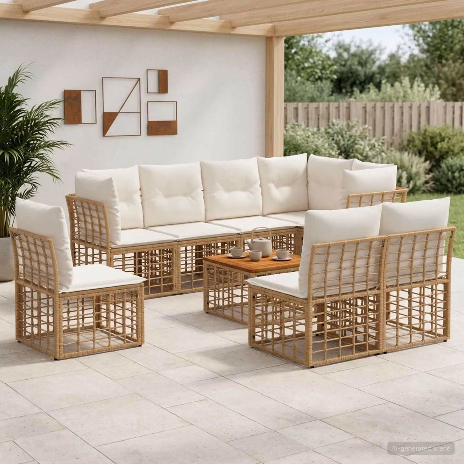 Set di divani da esterno vidaXL 9 pezzi con tavolino e cuscini, design moderno a forma di L in rattan e metallo, colori beige, bianco e marrone