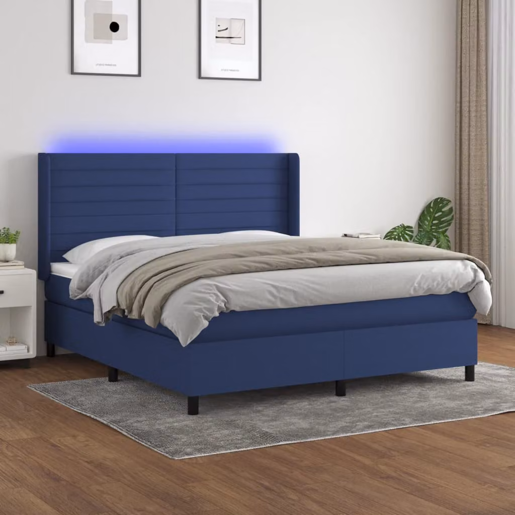 Letto Ibrido vidaXL con Materasso, Illuminazione LED Blu e Porte USB, Tessuto Blu e Bianco, L/P: 160 x 200 cm – 1