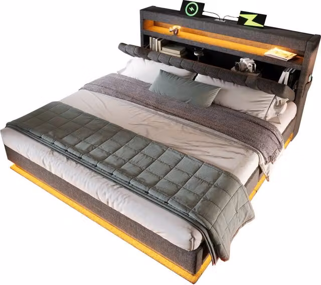 Letto matrimoniale 140x190 cm con contenitore idraulico; LED e USB-C in lino grigio