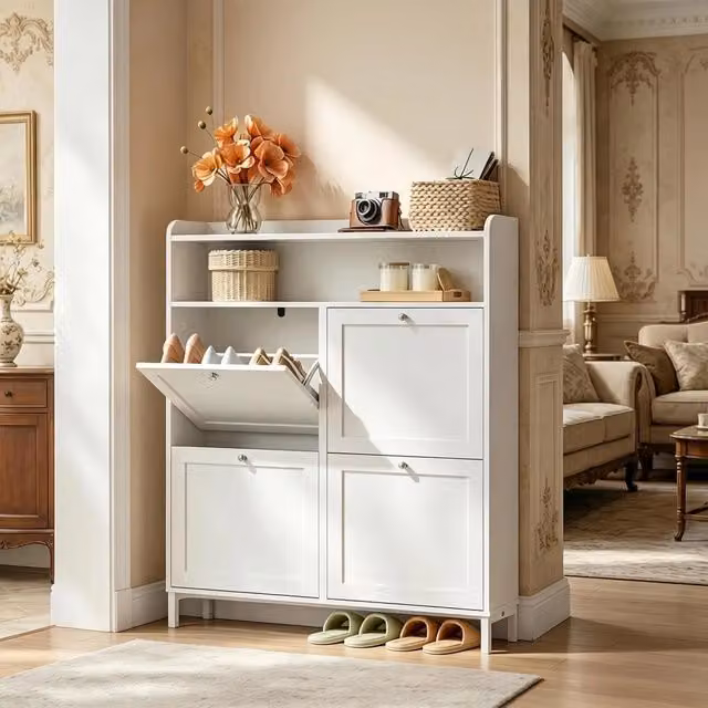 Scarpiera salvaspazio con 4 ante ribaltabili e ripiano superiore, per ingresso e corridoio, bianco, 100 × 19,5 × 107 cm