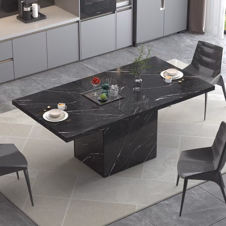 Tavolo da pranzo rettangolare, aspetto marmo, colore nero, 140 cm