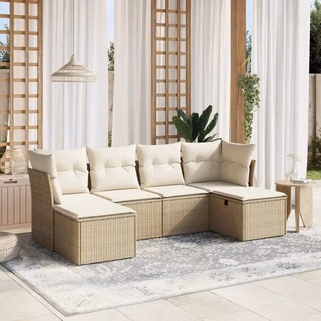 Set Divano da Giardino a L vidaXL in Polyrattan Beige con Cuscini e Ottoman, 6 Pezzi – 1