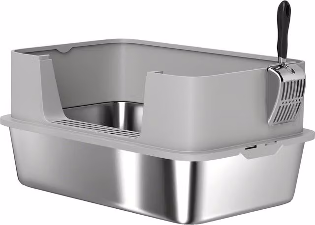 Lettiera per gatti XL PawHut in acciaio inox con paletta, lati alti antiperdita e antiodore, grigio, per gatti fino a 7 kg – 1
