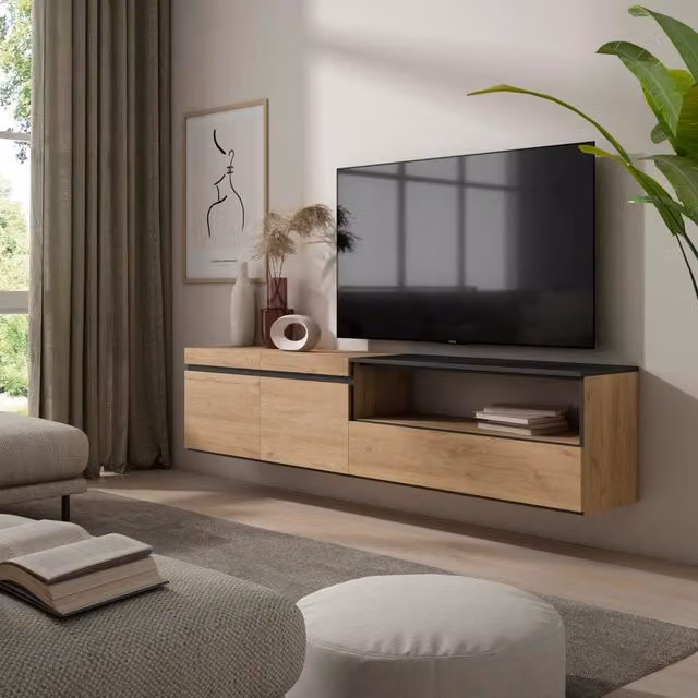 Mobile TV, 200x35x45cm, soggiorno, Per TV fino a 80", da appendere, colore Rovere e nero RF2156
