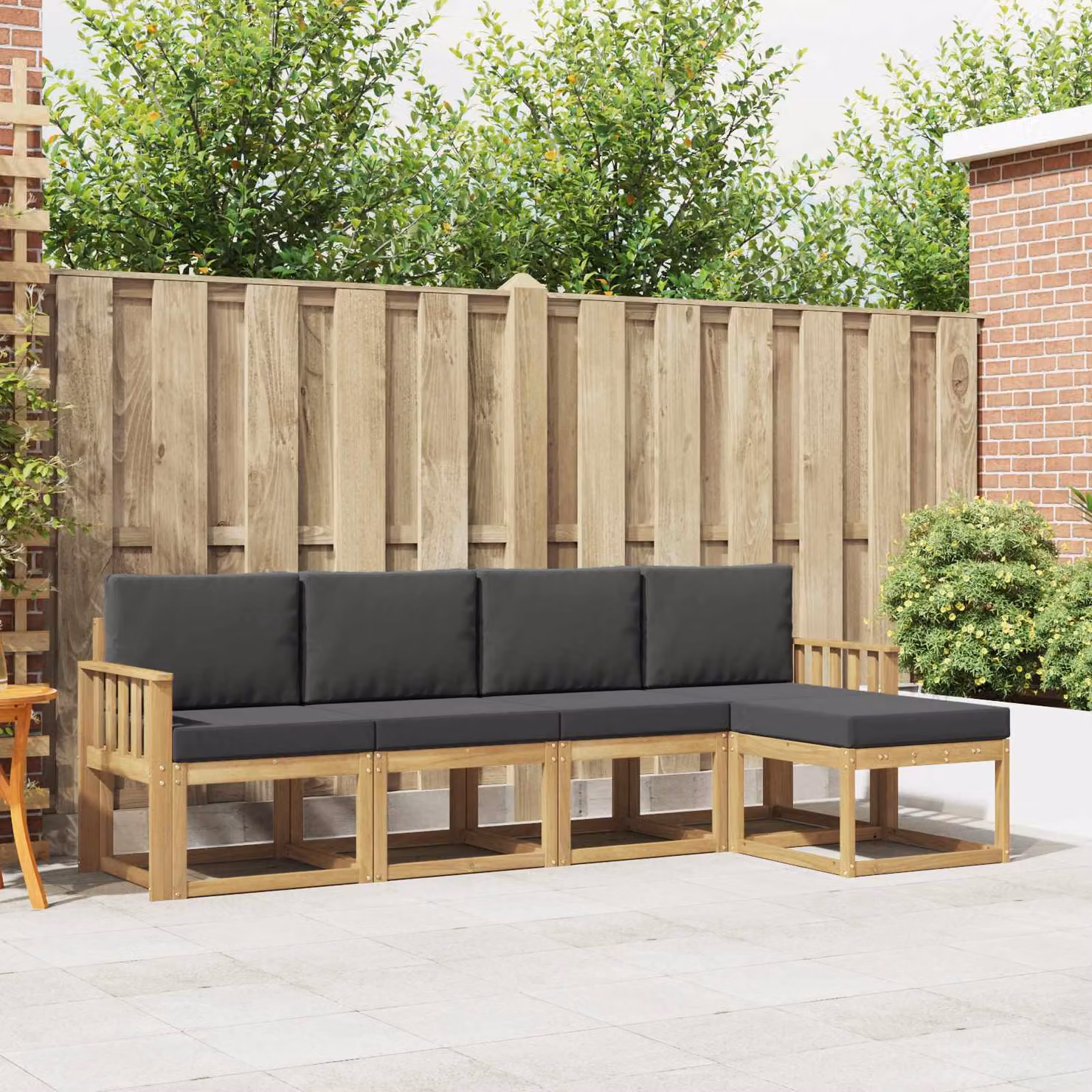 vidaXL Set di divani da esterno a L in legno di acacia con pouf, Bianco e Antracite