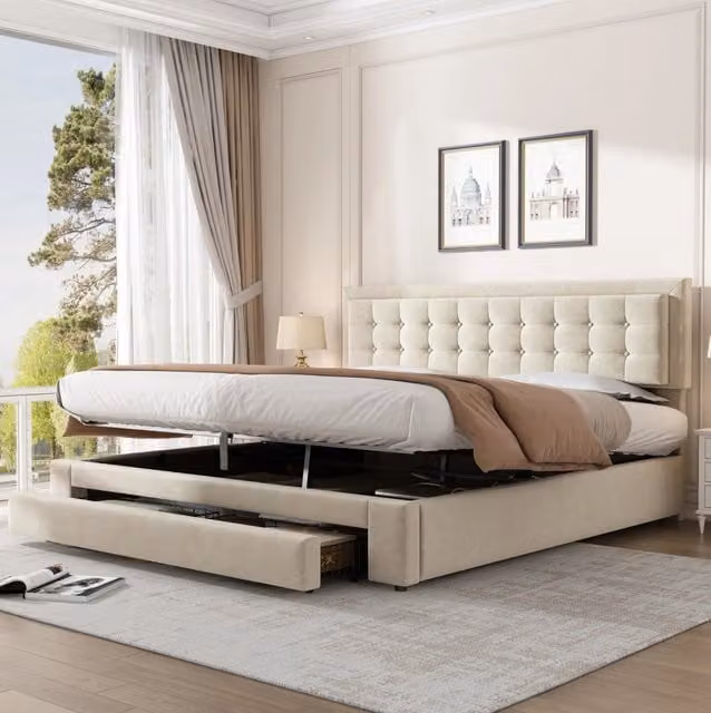 Letto imbottito in velluto con contenitore e cassetti, matrimoniale 160x200 cm, beige