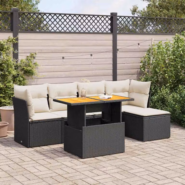 Set Divano da Giardino vidaXL 6 pz in Polyrattan Nero con Cuscini e Tavolino da Esterno a Forma di L