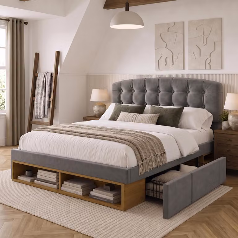 Letto imbottito Flieks 140x190 cm con cassetti, letto matrimoniale con vani portaoggetti, letto per ragazzi con testiera regolabile, velluto, grigio